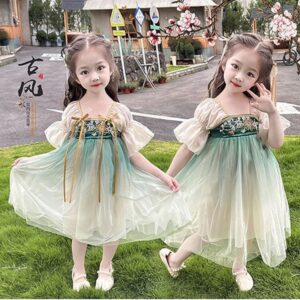 Elegant Short Sleeve Girls Ancient Chinese Traditional Hanfu Stage Performance Tang Suit  Kids' Hanfu Traditional Chinese Garments 