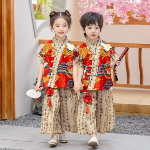 Customize Embroidery Logo or Name Chinese Tang Students Clothing Chinese Character Design Kids Hanfu Cloth Set for Girls Boys