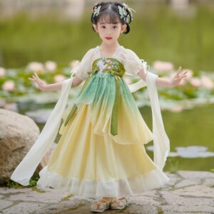 Summer Small Baby Girls Puff Sleeve Hanfu Little Girl Dress With Ribbon Elegance Tang Chinese Ancient Style Dresses for 3 to 10yrs