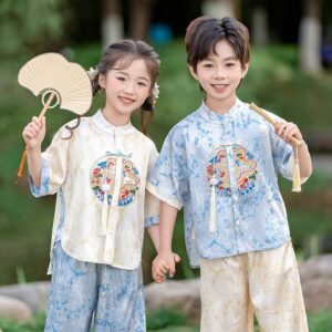 Chinese Hanfu For Boy Girl's Dress Short Sleeve, Customize Kids Team Logo or name for free