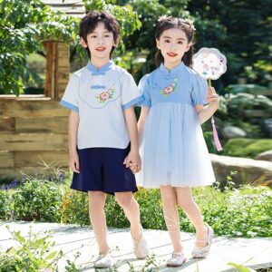 Chinese Style Baby Girl's Dress Short Sleeve Vintage Hanfu Dress Blue  Princess Dress Kids Modern Hanfu for Customize Name