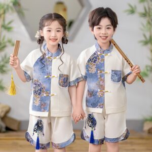 Boys Chinese Tang Student Clothing Print Blue Flower Top for Girls Support Customize Embroidery Logo Name