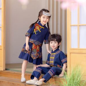 Vintage Children hanfu Classic Blue The Miao/zhuang Nationality Clothing for Personal Customize Name Print
