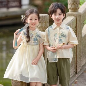 Chinese Style Boy Girl's Dress Short Sleeve Prince & Princess Dress Customize Kids Team Logo On The Modern Hanfu
