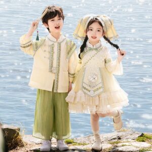 The Hani Nationality clothing Girl's Dress Short Sleeve Vintage Hanfu Dress Blue  Princess Dress Kids Modern Hanfu for Customize Name