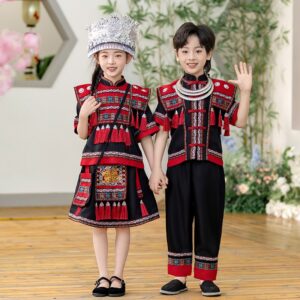 Summer Traditional Ethnic Minorities Style Set Female Zhuang Zu Clothing Skirt Dance Performance Support Customize Embroidery Logo